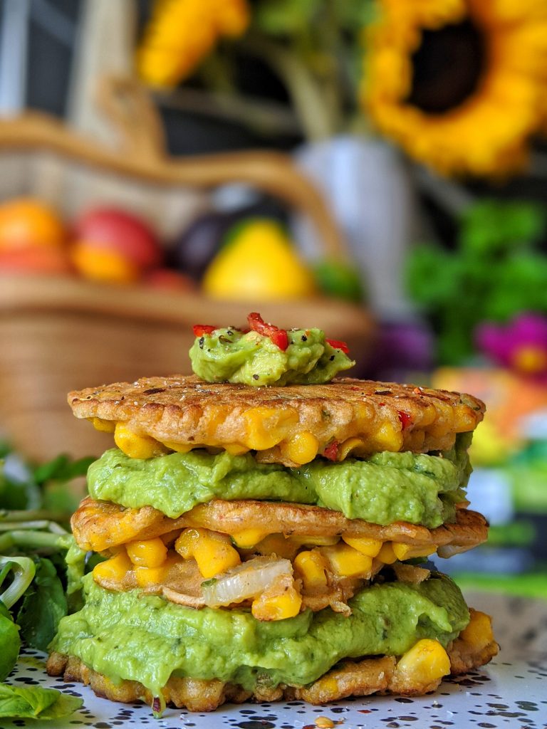 Spicy Sweetcorn Fritters and Guacamole Stack